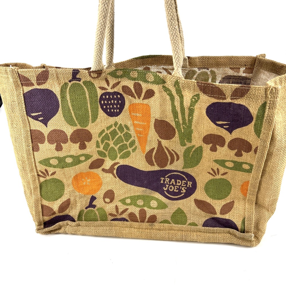 Vintage Trader Joe's Jute Burlap Reusable Tote Bag All-Over Print Vegetables